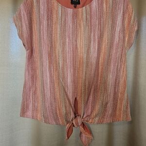 Worthington Coral and Pink Striped Tie-Front Blouse